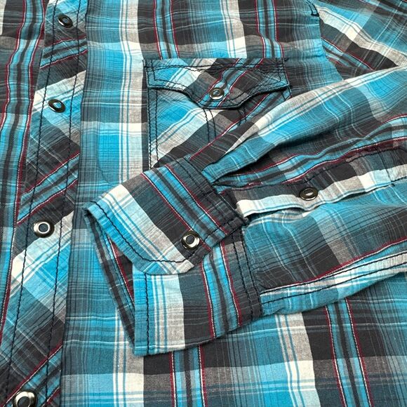 Skully Shirt Mens Medium Snap Up Teal Plaid Western Cowboy‎ Ranch Rodeo - Picture 4 of 10